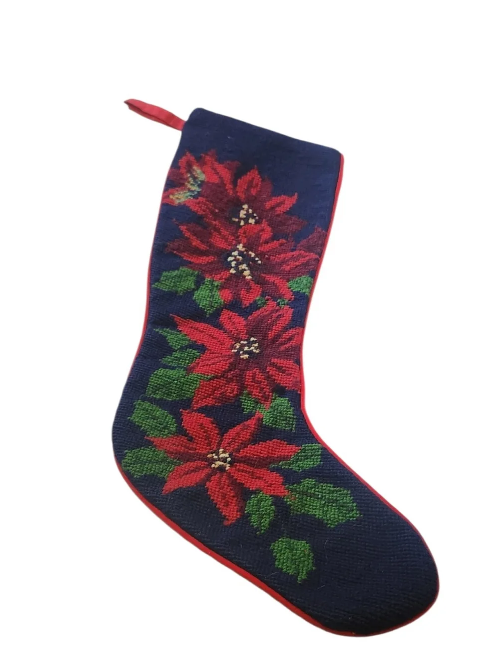 Vintage Wool Needlepoint Navy Poinsettia Holiday Stocking with Red Trim